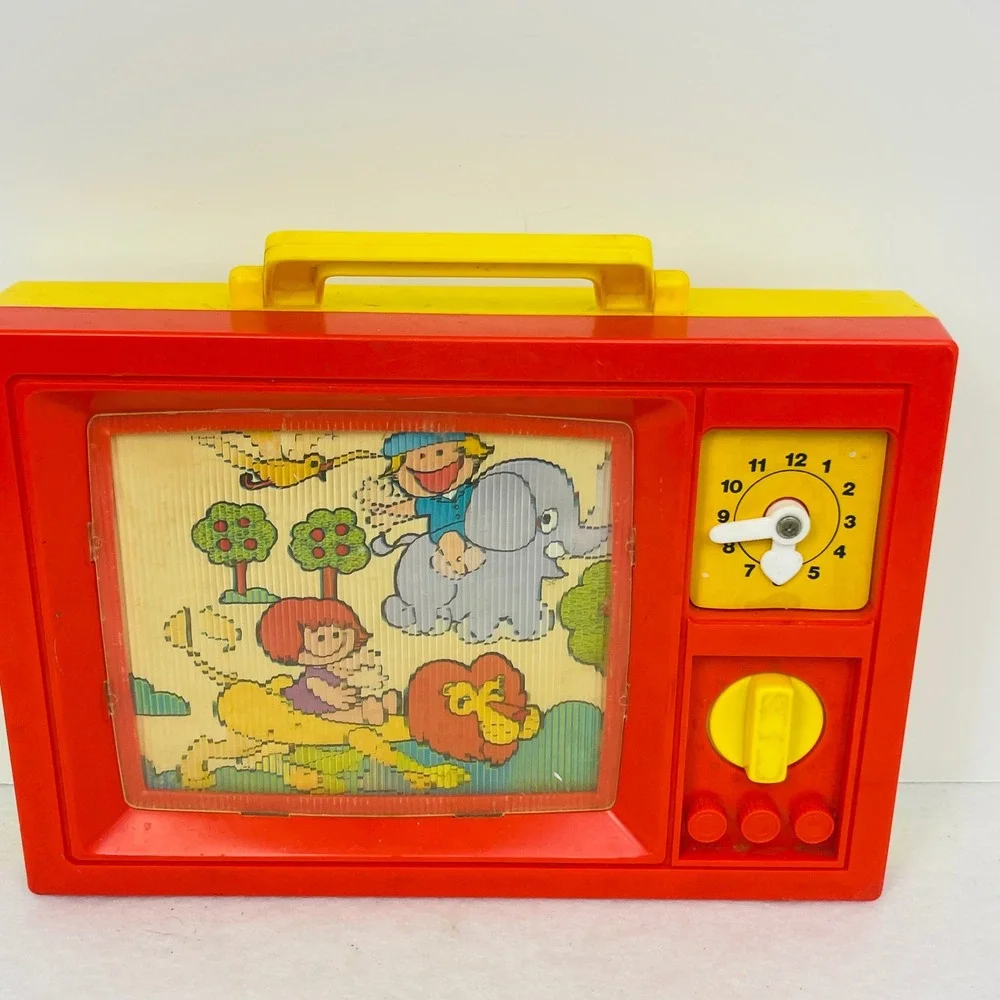 Vintage Blue-Box Musical Toy TV Wind Up Scrolling Jungle Animals Red Yellow 1970
